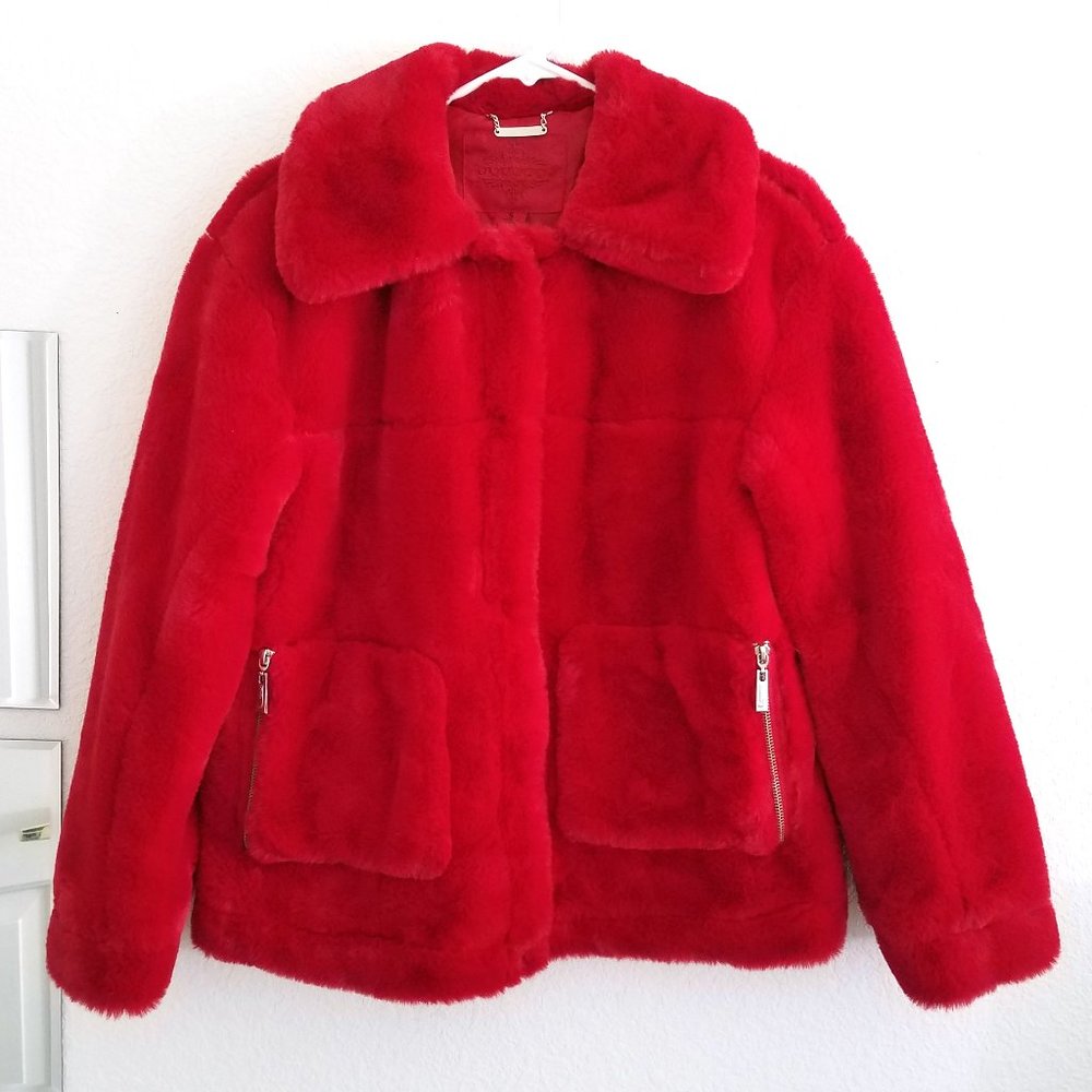 JouJou Oversized Red Plush Faux Fur Teddy Jacket